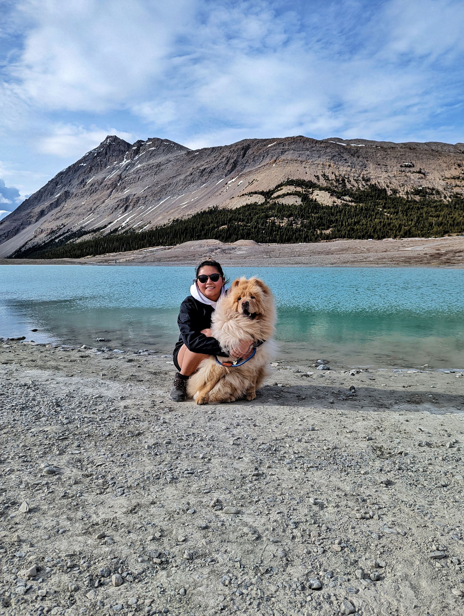 Michelle and her pup, Henry, at the Columbia Icefield on an RV road trip through BC and Alberta